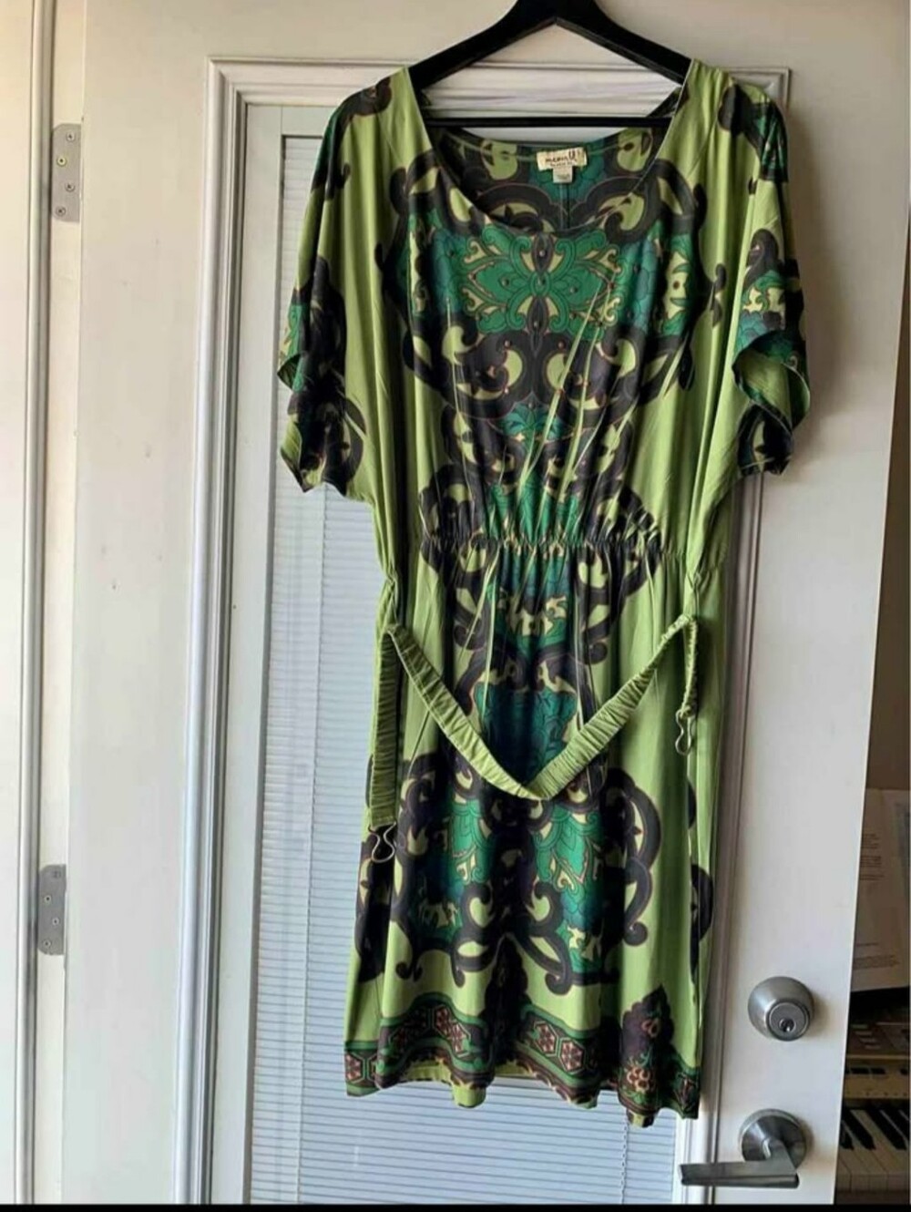 ONE WORLD Green Patterned Mini Dress with Black Accents
